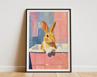 Simpatico coniglietto nella vasca da bagno, dipinto rosa per il bagno, stampa artistica, decorazione murale moderna con animali, poster di coniglietto stravagante, adorabile arte del coniglietto per il bagno