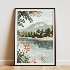 Póster de paisaje de río, impresión artística de naturaleza, escena de agua tranquila, árboles verdes, decoración de pared minimalista moderna, vista serena del campo, lago tranquilo