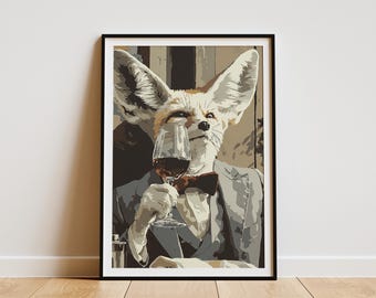 Elegantes Fennek-Fuchs-Weintrinker-Porträt, moderner Tierkunstdruck, kultivierter Gentleman-Fuchs-Wanddeko-Poster