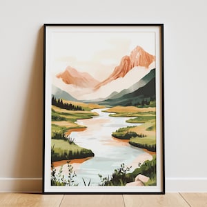 Nebel bedeckt Flusstal Landschaft Plakat moderne Natur Kunstdruck abstrakte Bergdruck Wohnkultur Wandkunst friedliche Flussszene Natur
