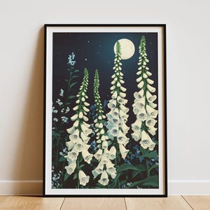 Mondschein Wiese Fingerhut botanische Kunst Druck weiße Blume Poster Romantische Blumen Wand Dekor Cottagecore Ästhetik Dark Academia Dekor Mond