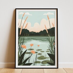 Póster de estanque sereno, ilustración botánica, nenúfares, plantas acuáticas, impresión artística de la naturaleza, paisaje de lago tranquilo, decoración de pared, decoración del hogar
