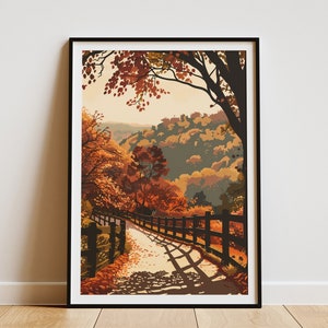 Affiche vintage chemin forestier d'automne, affiche de voyage, impression d'art paysage, art de la nature, décoration murale, art du feuillage d'automne
