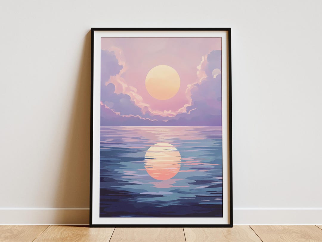 Ocean Sunset Wall Art Print Pink Purple Sky Beach Sunset Poster Calm ...