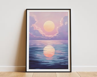 Ocean Sunset Wall Art Print Pink Purple Sky Beach Sunset Poster Calm Sea Decor Modern Minimalist Artwork Abstract Ocean Painting Coastal