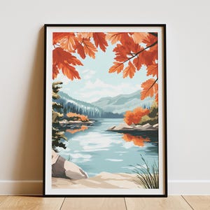 Herbst Landschaft Poster Herbst Blätter Druck Bergsee Kunst Natur Wand Dekor Crimson Rot Blätter Bachlauf Poster Modern Minimalistisch