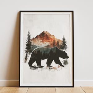 Impresión artística minimalista de oso de montaña, póster de animales sencillos, decoración de pared natural, decoración moderna para el hogar, arte paisajístico salvaje, silueta de oso pardo