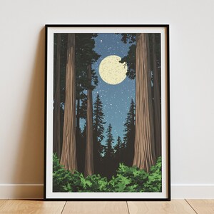 Redwood National Park Poster Moonlit Forest Print Vintage Style Wall Art California Travel Poster Home Decor Redwood Forest Illustration