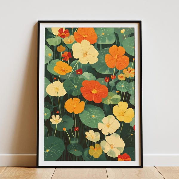 Summer Garden Nasturtium Flower Poster Botanical Illustration Print Orange Yellow White Flowers Art Home Decor Wall Art Floral Print Summer