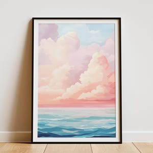 Impresión de arte de pared con paisaje de nubes, puesta de sol en el océano, paisaje marino, costa, decoración del hogar, decoración de casa de playa, póster de océano en calma, cielo rosa suave