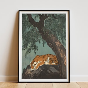 Tiger Under Banyan Tree Poster Print Asian Wildlife Art Vintage Style Nature Illustration Botanical Wall Decor Traditional Chinese Painting