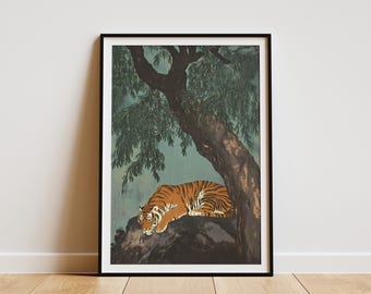 Tiger Under Banyan Tree Poster Print Asian Wildlife Art Vintage Style Nature Illustration Botanical Wall Decor Traditional Chinese Painting