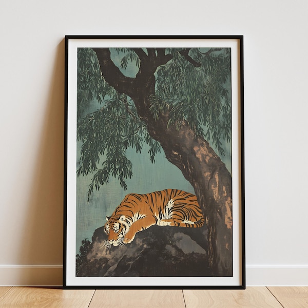 Tiger Under Banyan Tree Poster Print Asian Wildlife Art Vintage Style Nature Illustration Botanical Wall Decor Traditional Chinese Painting