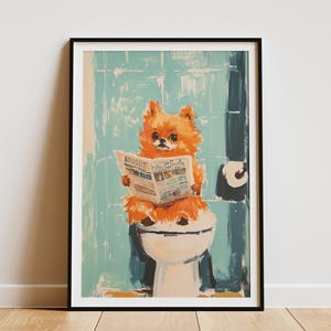 Pomeranian Puppy On Toilet Reading Newspaper Art Print Bathroom Wall Decor Funny Dog Poster Cute Puppy Art Canine Lover Gift Dog Reading