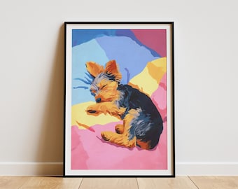 Stampa artistica di un cucciolo di Yorkshire Terrier che dorme, ritratto di un animale domestico, decorazione murale moderna e astratta, per gli amanti dei cani. Regalo
