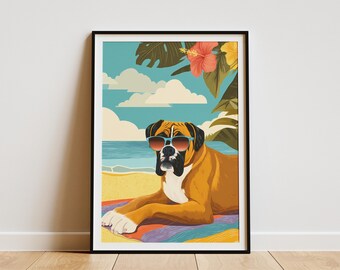 May include: Framed art print of a Boxer dog wearing sunglasses, lounging on a beach towel. The artwork has a tropical theme with a blue sky, ocean, and palm leaves. The dog is brown, black, and white.