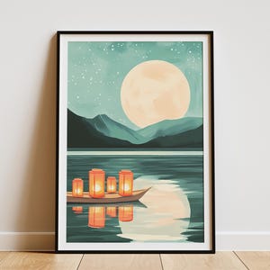 Póster de linternas de río a la luz de la luna, impresión artística de estilo japonés, decoración asiática, escena nocturna tranquila, festival de linternas de agua en calma, luces flotantes serenas