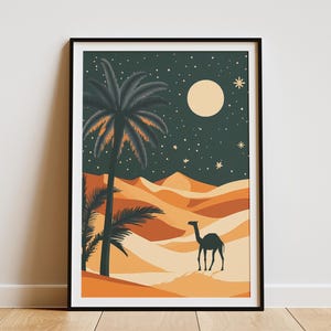 Sahara Weihnachten Kamel Vintage Festliche Reise Poster Druck Wüste Palme Nacht Sternenhimmel Urlaub Dekor Kunst