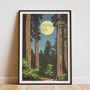 Redwood National Park Poster Moon Art Print Vintage Style Travel Poster Northern California Wall Decor Moonlit Night Trees Nature Lover Gift