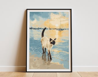 Lámina con estampado de gato siamés al atardecer en la playa, arte mural náutico costero del océano, regalo único para amantes de las mascotas, póster con paisaje de una cálida tarde de verano para la decoración del hogar.