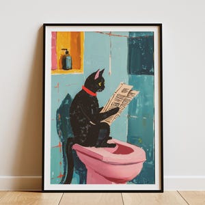 Impresión artística de gato oriental de pelo corto, póster divertido para baño, gato leyendo periódico, arte de pared, decoración peculiar para el hogar de mascotas, impresión artística humorística de baño felino