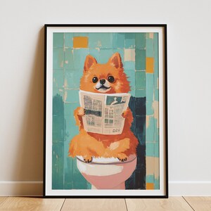 Pomeranian Dog Art Print Funny Bathroom Decor Canine Newspaper Reader Toilet Humor Poster Quirky Animal Art Pet Lover Gift Dog Lover Art
