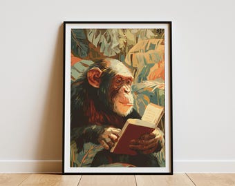Intelligent Chimpanzee Reading Book Art Print Thoughtful Ape Scholar Jungle Animal Wall Art Unique Monkey Illustration for Home Decor