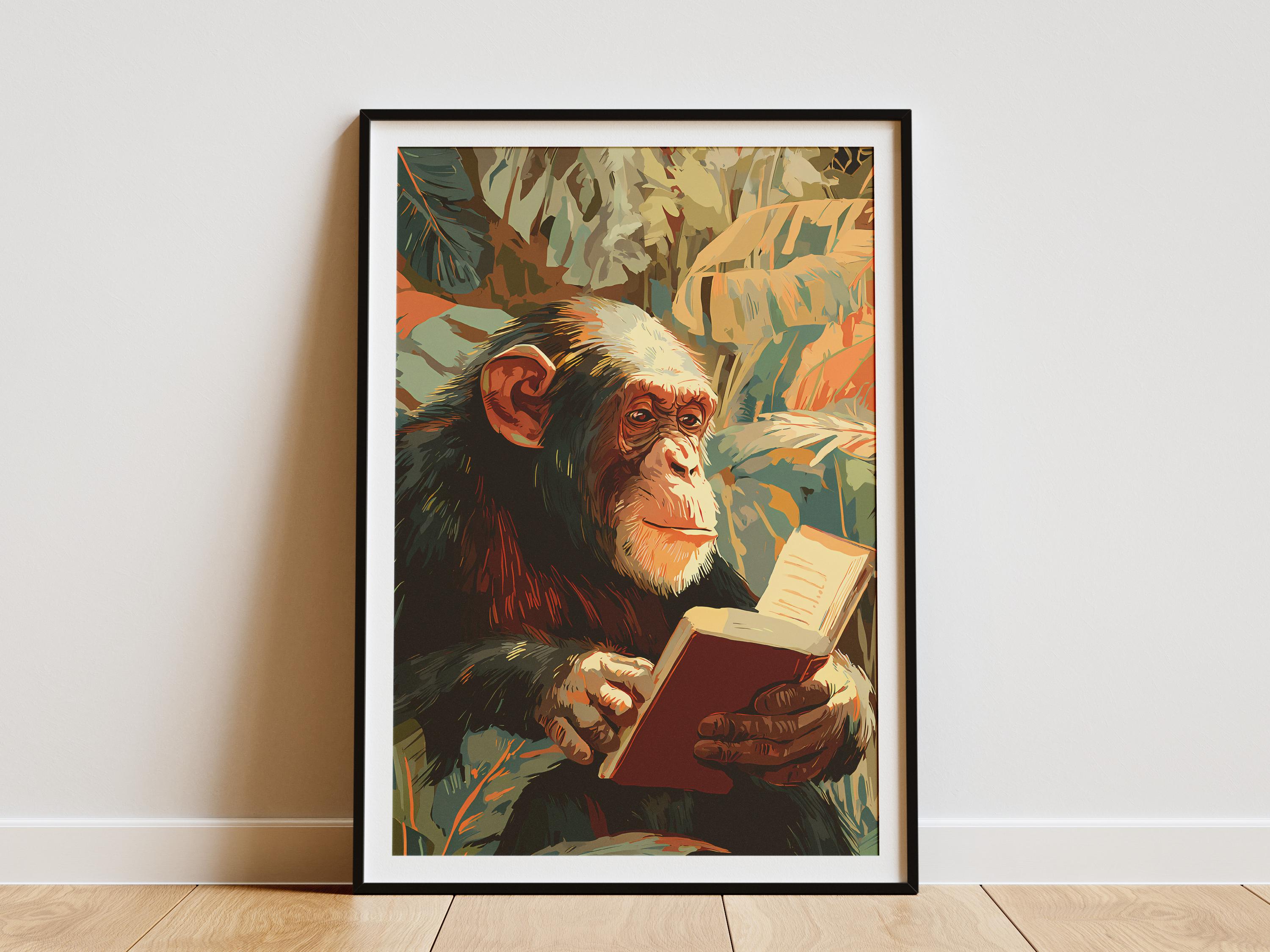 Intelligent Chimpanzee Reading Book Art Print Thoughtful Ape