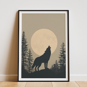 Wolf Howling at Full Moon Vintage Style Travel Poster Forest Wilderness Wildlife Art Print Minimalist Dark Academia Cabin Decor Mystical