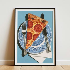 Pepperoni Pizza Slice Art Print Food on Blue Plate Fancy Flatware Kitchen Wall Decor