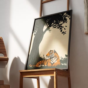 Stampa su legno con tigre sotto un albero di banyan, poster artistico con animali, decorazione murale con natura, stampa artistica con tigre del Bengala, ispirazione vintage, arte della giungla, fauna selvatica immagine 6