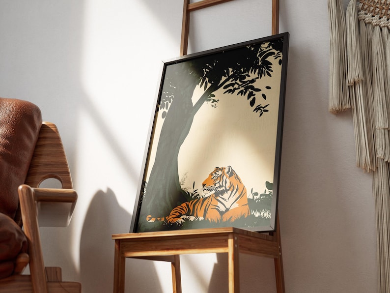 Stampa su legno con tigre sotto un albero di banyan, poster artistico con animali, decorazione murale con natura, stampa artistica con tigre del Bengala, ispirazione vintage, arte della giungla, fauna selvatica immagine 6