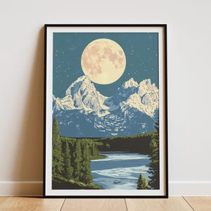 Grand Teton National Park Poster Wyoming Moonlit Landschaft Print Berge Kunst Vintage Style Reiseplakat Natur Fotografie Wanddekor