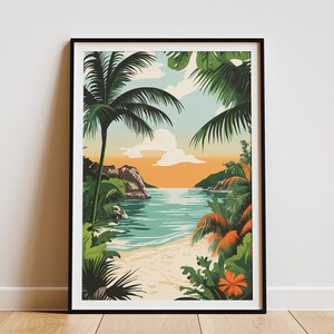 Póster de playa de Sian Kaan, México, con palmeras tropicales, impresión moderna, arte de pared costero, decoración del hogar para vacaciones, vibraciones de verano, día soleado, vista al mar