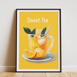 Cartaz de bebida de chá doce Ilustração de chá laranja Impressão de bebida de verão Arte plana Cartaz de bebida Ilustração de comida Decoração de cozinha Fatia de laranja