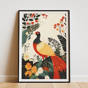 Golden Pheasant Bird Poster Botanical Floral Print Orange Red Gold Yellow Bird Wall Art Modern Home Decor Nature Animal Illustration Mid