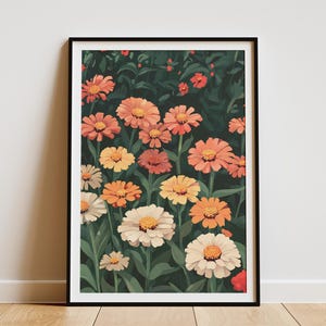 Vibrant Zinnia Garden Poster Botanical Floral Art Print Summer Flower Illustration Home Decor Wall Art Orange Pink White Flowers
