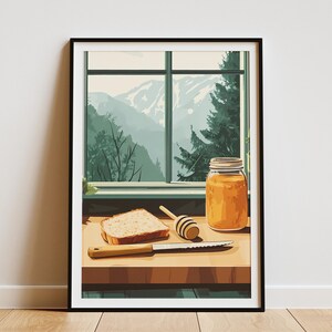 Rustikale Küche Honig Brot Poster Print Bauernhaus Dekor Cottagecore Wand Kunst Landhaus Küche Print Honigglas und Brotscheibe Naturszene