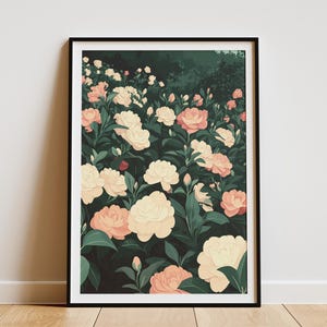 Camellia Hillside Bloom Botanical Art Print Creamy Peach Flower Poster Romantic Floral Wall Decor Nature Illustration Cottagecore Aesthetic
