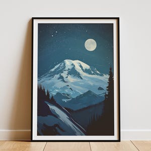 Mount Rainier National Park Poster Washington State Art Print Moonlit Night Mountain Landscape Wall Art Pacific Northwest Decor PNW Gift