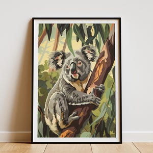 Koala in Eucalyptus Tree Poster Australian Wildlife Animal Art Print Nature Illustration