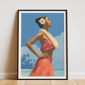 Hawaiian Hula Girl Art Print Tropical Island Beach Decor Vintage Travel Poster Lei Lady Hawaii Cultural Dance Wall Art Vibrant Retro Aloha