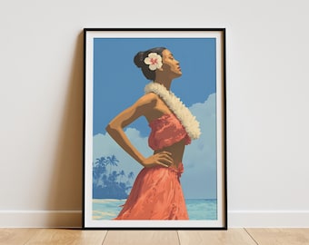 May include: A framed art print featuring a woman in a red dress and lei, with a flower in her hair, set against a tropical beach scene. The artwork has a vintage travel poster style, with a blue sky and palm trees.