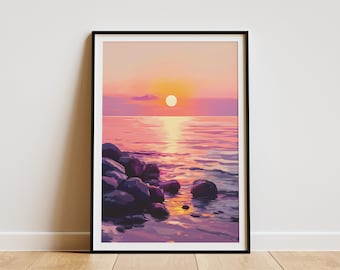 Pink Sunset Ocean Rocks Poster Romantic Beach Sunset Print Calm Ocean Wall Art Coastal Decor Boho Sunset Painting Modern Seascape Summer