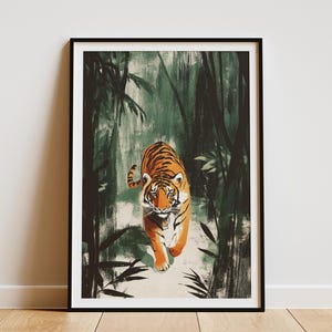 Póster de tigre de la jungla, impresión artística de viaje vintage, arte de pared de gato de la jungla, póster de animales exóticos, decoración del hogar de la jungla, impresión artística de vida silvestre, regalo para amantes de los tigres