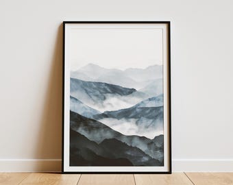 Minimalistische Japanse bergkunstprint, abstract landschap, wanddecoratie, boho huisdecoratie