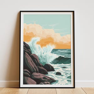 Póster de olas oceánicas, escena costera espectacular, arte de playa en verde azulado y naranja, decoración de pared de paisaje marino moderno, decoración costera para el hogar, impresión de olas marinas