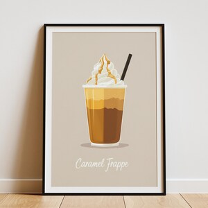 Pôster de bebida de café com caramelo Frappe, impressão de arte de parede, decoração de menu de café, ilustração de comida plana, download instantâneo, bebida de creme batido