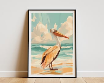 Brown Pelican Print Coastal Beach Art Bird Poster Nature Illustration Wall Decor Beach House Decor Ocean Waves Art Print Home Decor