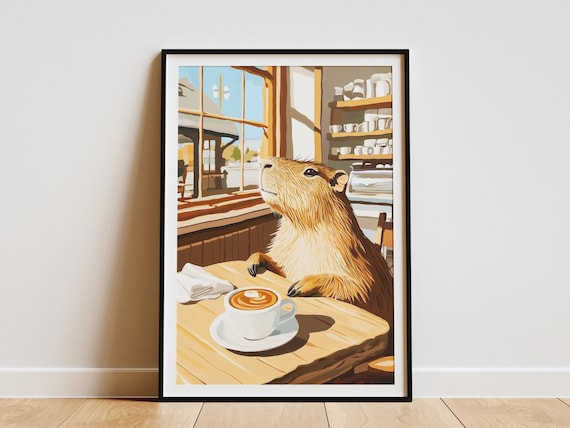 Capybara Cafe Art Print Cozy Coffee Shop Poster Matisse Inspired Wall Art Animal Lover Gift Whimsical Home Decor Capybara Illustration